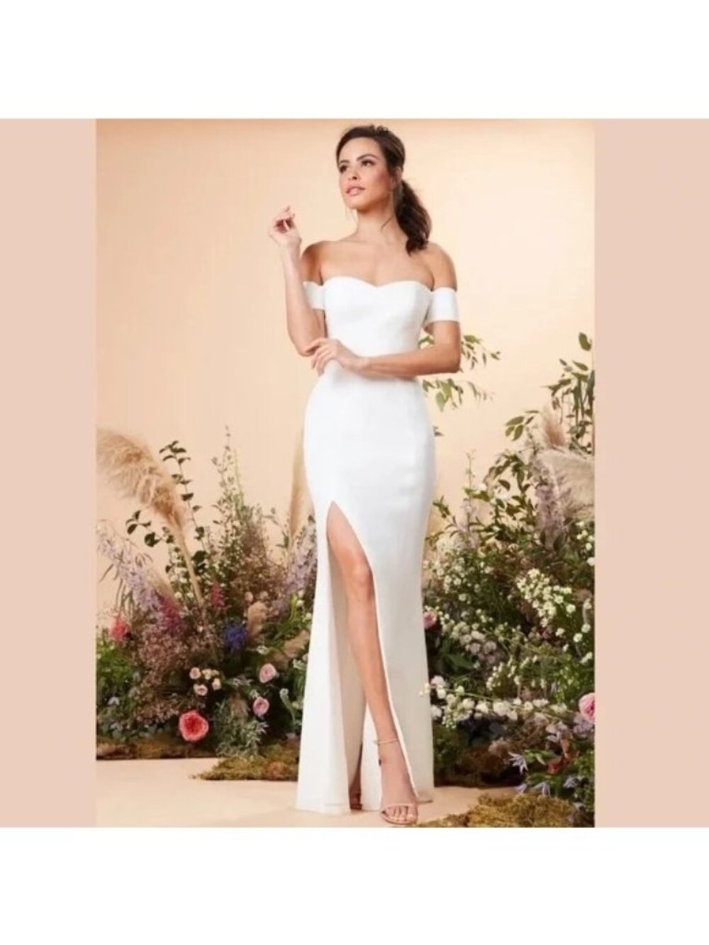 🆕DRESS THE POPULATION Logan Off Shoulder Gown Dress Off White Small